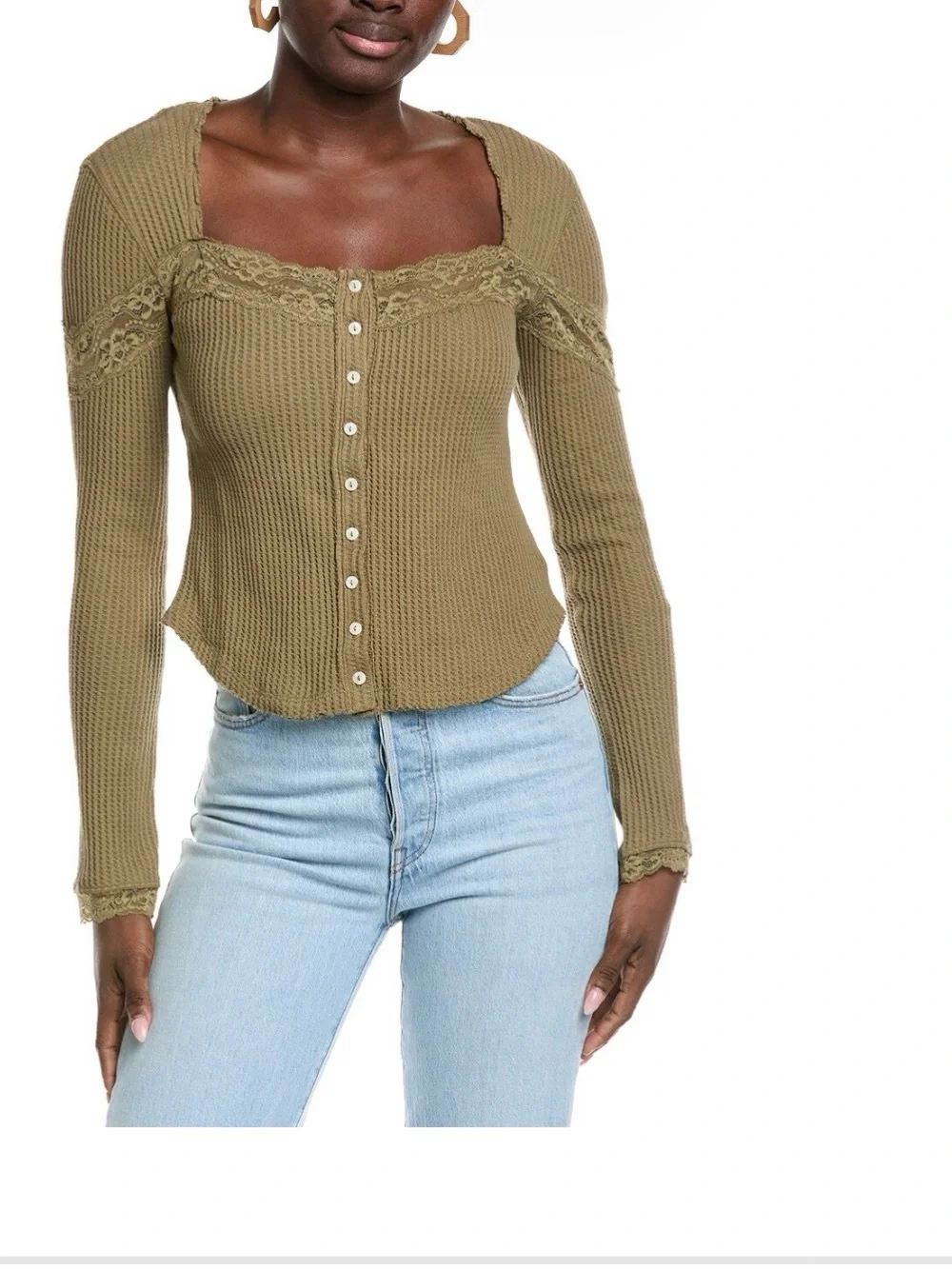 Free People Olive Waffle-Knit Lace Trim Top NWT